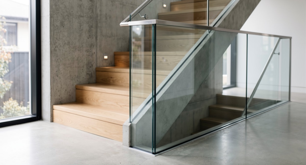 Modern ausgebauter Treppenraum mit Holz, Glas und mineralischer Oberfläche