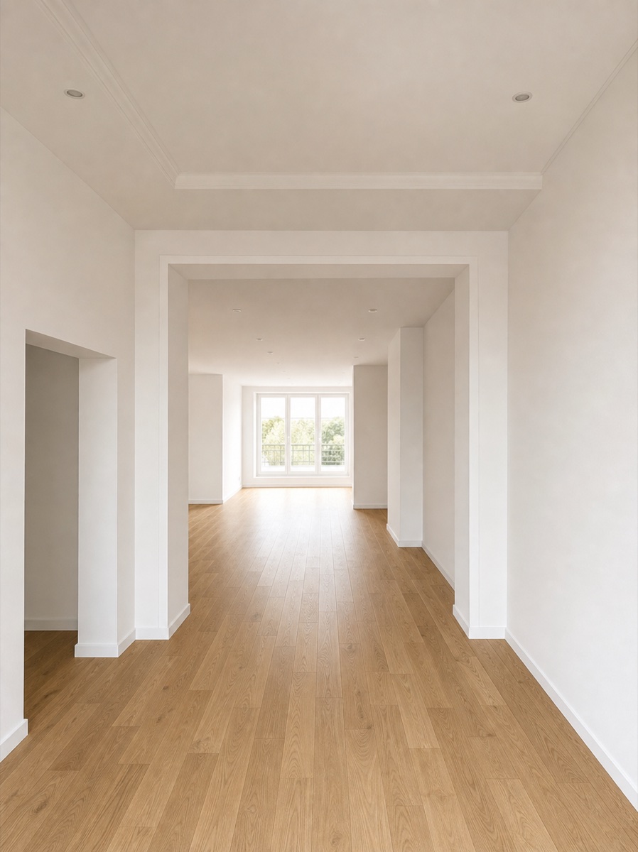 Fertig renovierter leerer Raum mit Parkettboden und weißen Wänden